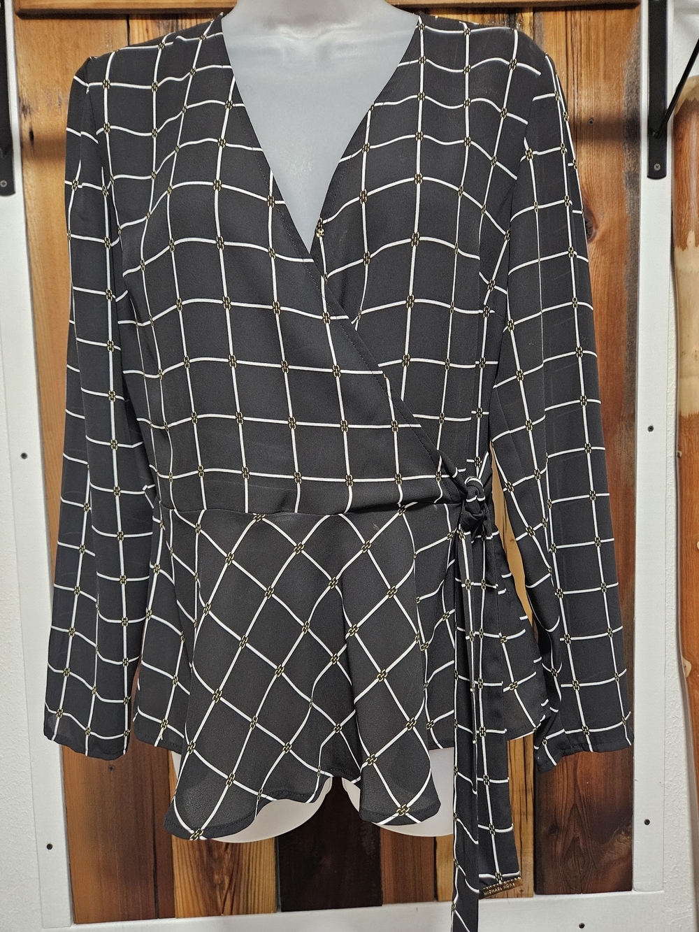 Michael Kors Black Windowpane Blouse with Gold Link Detail